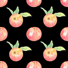 Watercolor seamless pattern with red apples. Food illustration hand painted in botanical stile on black background for use in textile, wallpaper