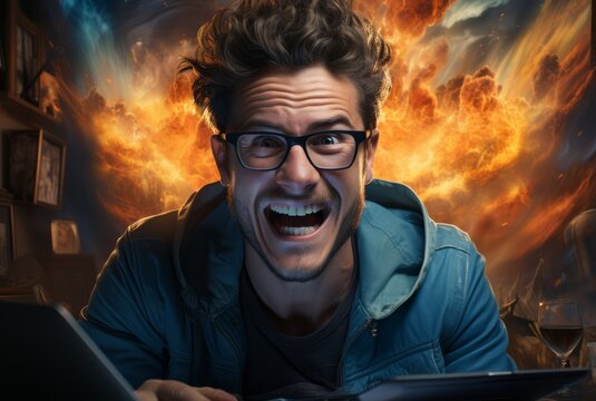 Exhilarated Young Man with Glasses Gaming Intensely Against a Fiery Backgroun