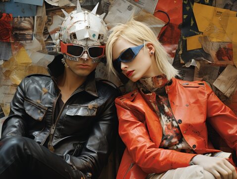 Stylish Duo in Avant-Garde Fashion with Eccentric Sunglasses Posing Against a Collage Wall