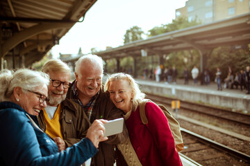 Group of senior people using smartphone at train station