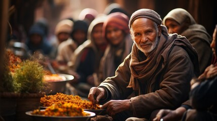 Alter Mann verkauft Lebensmittel auf einem asiatischen Markt - obrazy, fototapety, plakaty