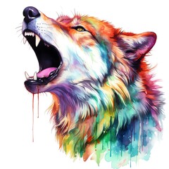 a colorful wolf with its mouth open