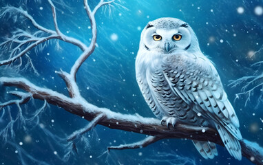 Snow Owl Perched on a Winter-Clad Tree Branch at Night