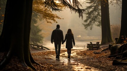 Fototapeta premium Silhouette eines Paars, das Händchen haltend durch einen wunderschönen Wald im Herbst läuft