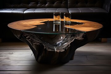 The design of a wooden table made of a single piece of oak in a futuristic style in a modern interior.