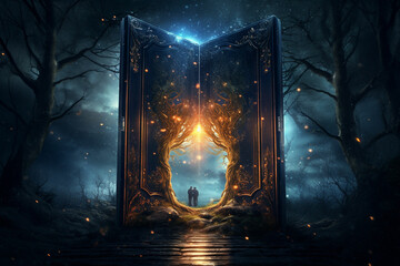 A large magical book door in the dark sky