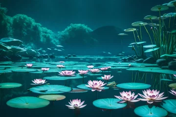 Foto op Canvas Luminescent Lotus Pond: A serene pond filled with bioluminescent lotus flowers emitting a soft blue glow. The futuristic touch includes hovering water lilies and an ambient teal background © Naz