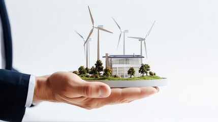 Fototapeta na wymiar a hand holding a model of a house with windmills