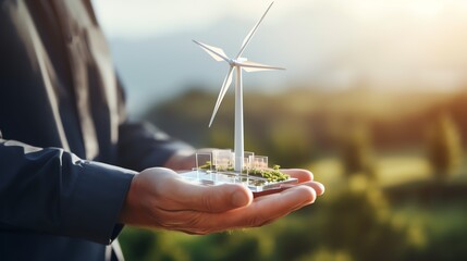 a person holding a model of a windmill - obrazy, fototapety, plakaty