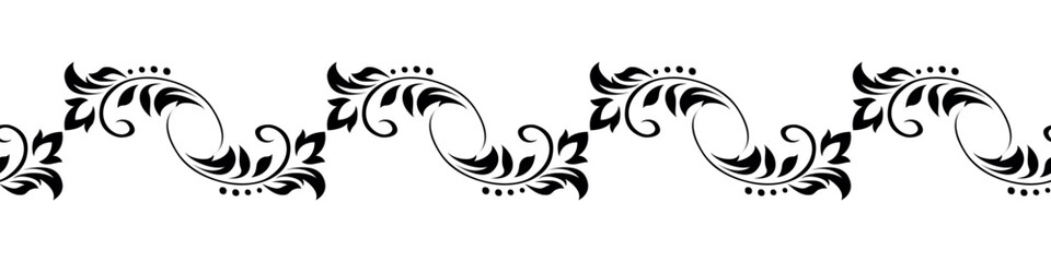 Obraz premium Edging, ribbon, border of of black stylized stems, leaves, flowers and curls in flat retro style. Vector seamless pattern, ornament, decorative element, decoration