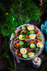 Jellied tongue with vegetables and horseradish.style rustic.