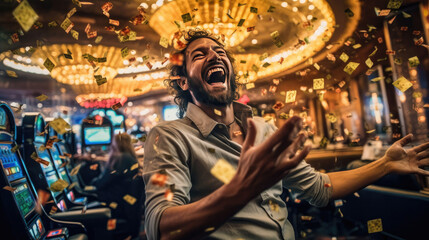 A happy man winning poker in casino and money flying around him - obrazy, fototapety, plakaty