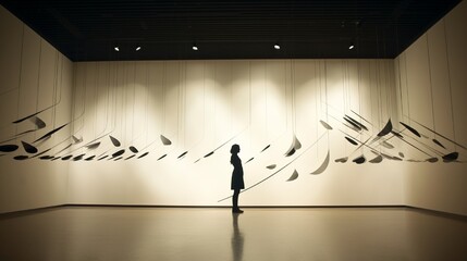 A kinetic art installation in motion, with carefully balanced elements creating a mesmerizing dance of shapes and shadows in a gallery setting.