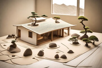 Paper cutting: A minimalist house surrounded by cutouts of zen garden elements like rocks, raked sand, and bonsai trees.