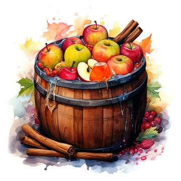 a painting of a barrel of fruit