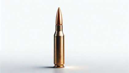 Single brass bullet standing upright on white