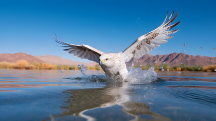 Falcon in Flight Over the Turquoise Sea and Towering Peaks