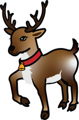 cartoon big  horn reindeer with bell on neck lifting right leg