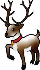 cartoon medium horn reindeer with bell on neck lifting right leg