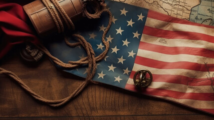 American flag and rope on treasure map on the table for Colombus Day