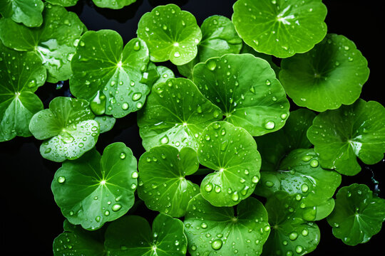 A raindrop is isolate, atop a black backdrop, clasps a benign centella asiatica leaf.