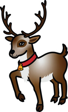 cartoon short horn reindeer with bell on neck lifting right leg