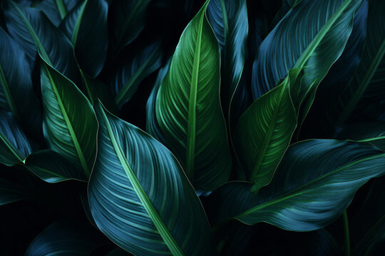 A close-up of tropical forest plant Spathiphyllum Cannifolium featuring bright blue-green leaves against a dark nature background makes a great abstract desktop wallpaper or website backdrop.