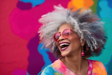 Portrait of African American mature laughing woman with gray hair on bright colorful background.
