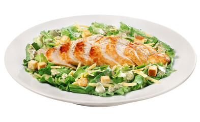 salada de folhas verdes com filé de frango grelhado isolado em fundo transparente - salada ceasar com croutons 