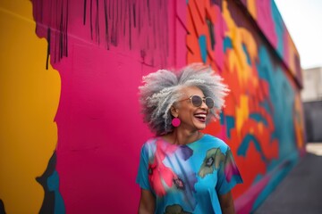 Portrait of African American mature laughing woman with gray hair on bright colorful background.