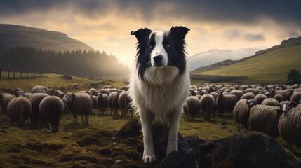 A loyal border collie herding sheep in a picturesque countryside.