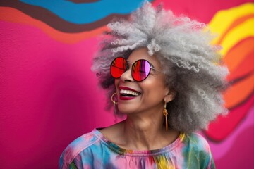 Portrait of African American mature laughing woman with gray hair on bright colorful background.