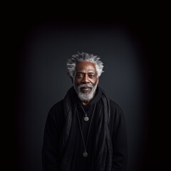 Portrait of African man in black cloth with gray natural hair