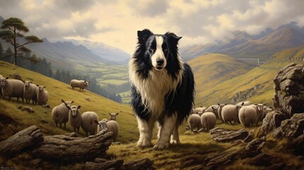 A loyal border collie herding sheep in a picturesque countryside. - obrazy, fototapety, plakaty