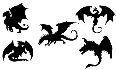 dragons silhouettes and vector set black and white