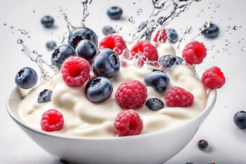 Fresh Raspberry, blueberries splashing into milk or yogurt. Generative Ai.