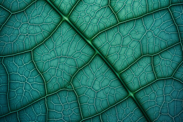 A closeup of a horseradish leaf with a mosaic pattern of cells and veins, providing a wallpaper-like, abstract-nature structure with a blue-green shade.
