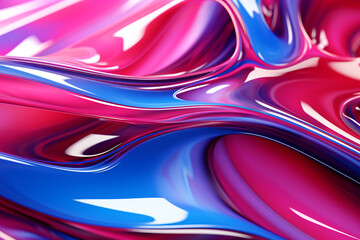 Exuberant 3D illustration of glossy liquid surface in vibrant pink, azure and lime shades, softly focused.
