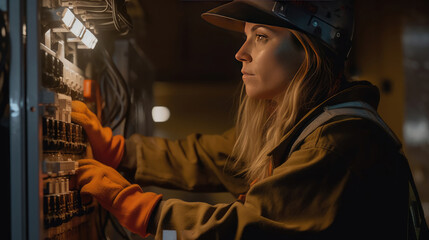 Naklejka premium A female electrician is working on a fuse box, wearing safety equipment, a reminder that safety is always in style