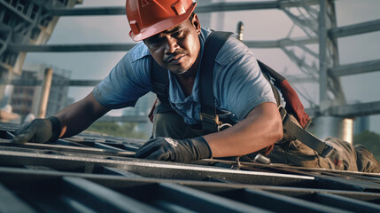 A construction worker is carefully repairing the roof of a house