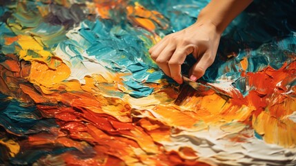 A macro shot of an artist's hand applying layers of oil paint with a palette knife, creating a...