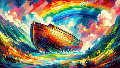 Vivid and colorful illustration of Noah's Ark resting on a mountain peak with a dramatic rainbow in the background. - obrazy, fototapety, plakaty