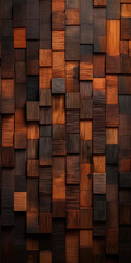 Textured wooden blocks in various shades of brown creating a 3D wall effect