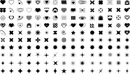 Set of heart and star icons. Abstract hearts shapes. Modern simple black heart collection. Valentines day hearts icons. Set of geometric minimalist stars elements,bohemian ,swiss style. Love concept.