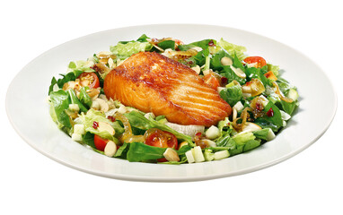 prato com salada de folhas verdes, queijo, tomate acompanhado salmão grelhado isolado em fundo...