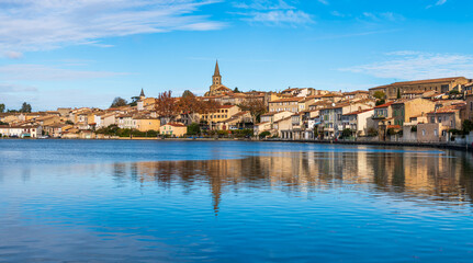 Quay of the Cybelle, and the Canal du Midi, in Castelnaudary, in Aude, in Occitanie, France - obrazy, fototapety, plakaty