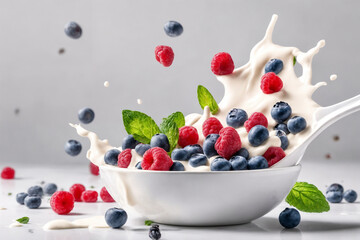 Fresh Raspberry, blueberries splashing into milk or yogurt. Generative Ai.