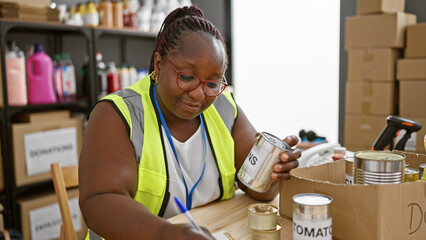 Smiling african american woman volunteer enthusiastically checking donated products, taking notes...