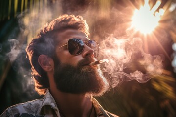 bearded mature man smoking tobacco, marijuana, hashish - obrazy, fototapety, plakaty