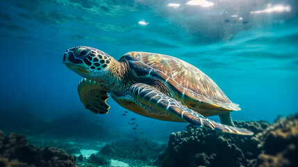 Fototapeta premium Sea turtle underwater, blue clear water, sun's rays make their way through water. Underwater world. Sea inhabitants. Generated by AI
